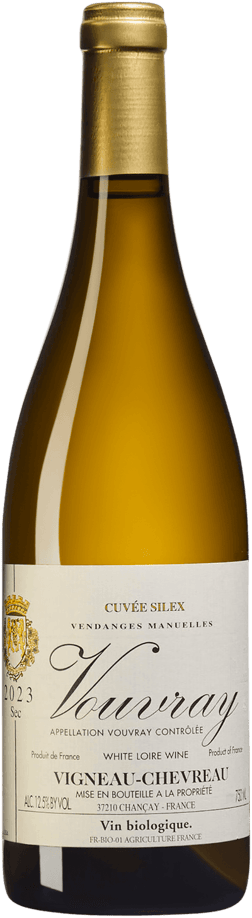 En glasflaska med Domaine Vigneau-Chevreau Vouvray Cuvée Silex 2023, ett vitt vin från Loiredalen i Frankrike