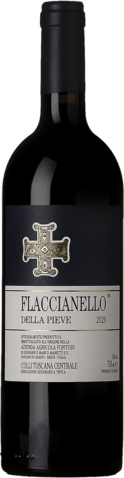 En glasflaska med Fontodi Flaccianello 2020, ett rött vin från Toscana i Italien