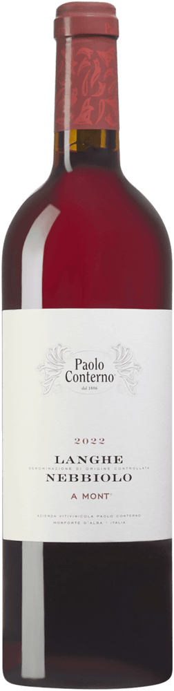 En glasflaska med Paolo Conterno Langhe Nebbiolo A Mont 2022, ett rött vin från Piemonte i Italien
