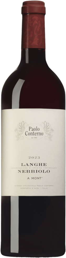 En glasflaska med Paolo Conterno Langhe Nebbiolo A Mont 2022, ett rött vin från Piemonte i Italien
