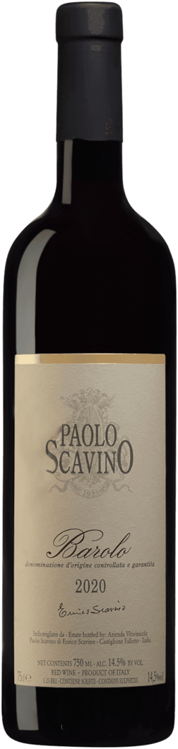 En glasflaska med Paolo Scavino Barolo 2019, ett rött vin från Piemonte i Italien