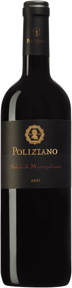 En glasflaska med Poliziano Vino Nobile di Montepulciano 2021, ett rött vin från Toscana i Italien