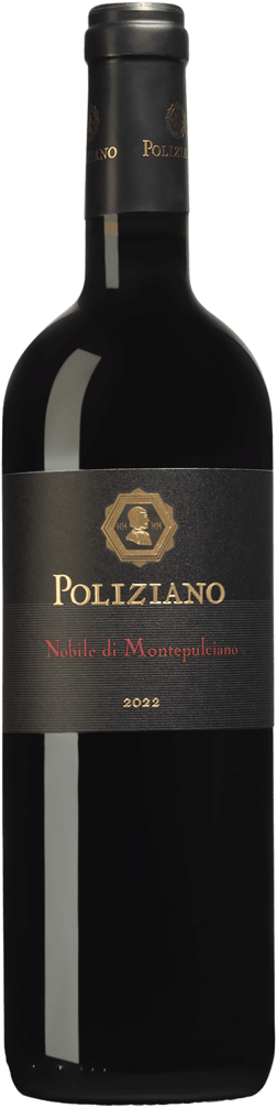 En glasflaska med Poliziano Vino Nobile di Montepulciano 2022, ett rött vin från Toscana i Italien