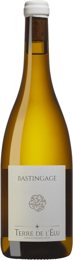 En glasflaska med Terre de L'Elu Bastingage 2022, ett vitt vin från Frankrike