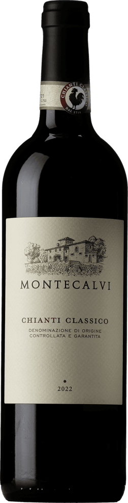 En glasflaska med Montecalvi Chianti Classico 2022, ett rött vin från Toscana i Italien