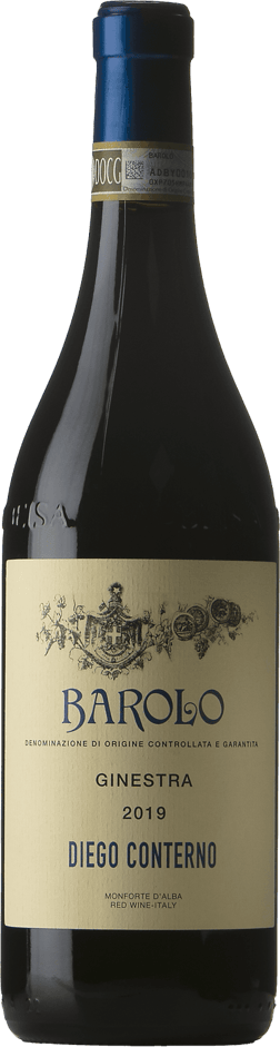 En glasflaska med Diego Conterno Barolo Ginestra 2019, ett rött vin från Piemonte i Italien