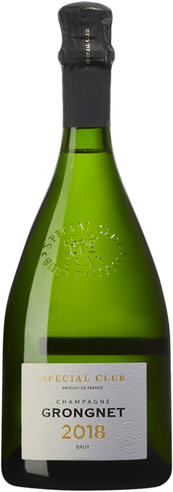 En glasflaska med Grongnet Special Club Grand Cru 2018, ett champagne från Champagne i Frankrike