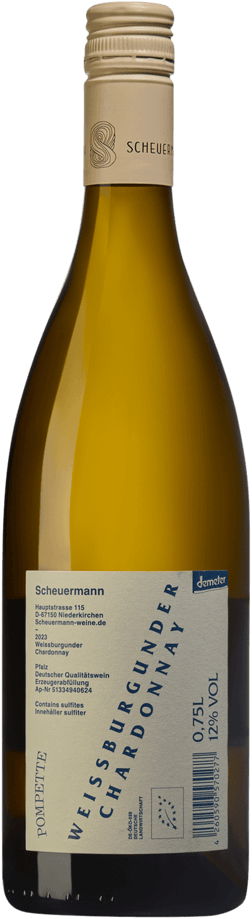 En glasflaska med Scheuermann Weissburgunder Chardonnay Trocken 2023, ett vitt vin från Pfalz i Tyskland