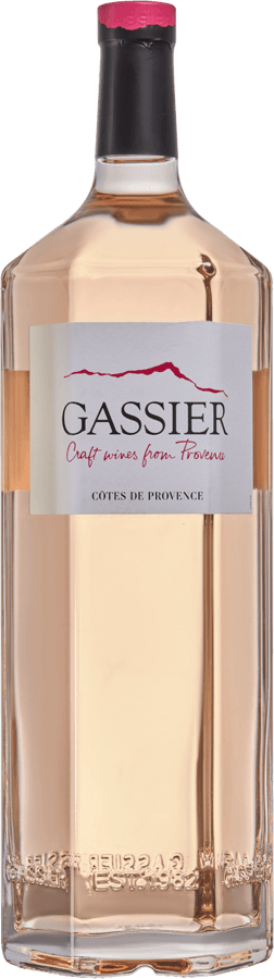 En glasflaska med Gassier Côtes de Provence 2024, en rosévin från Provence i Frankrike