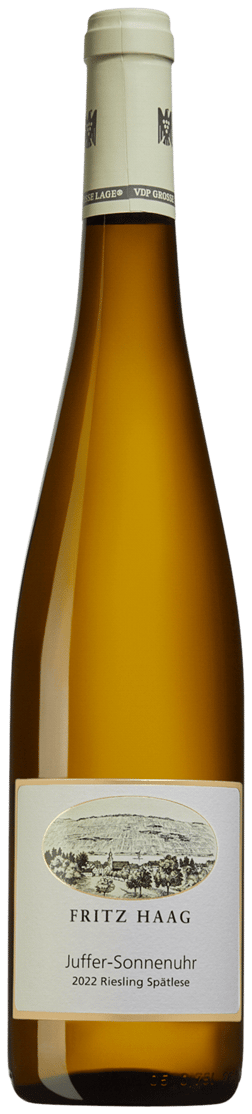 En lättare glasflaska med Fritz Haag Brauneberger Juffer Sonnenuhr Riesling Spätlese 2022, ett vitt vin från Mosel i Tyskland