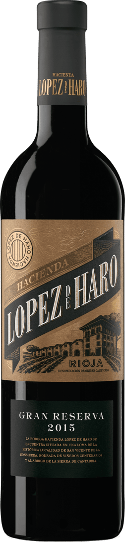 En glasflaska med Hacienda López de Haro Gran Reserva 2015, ett rött vin från Rioja i Spanien