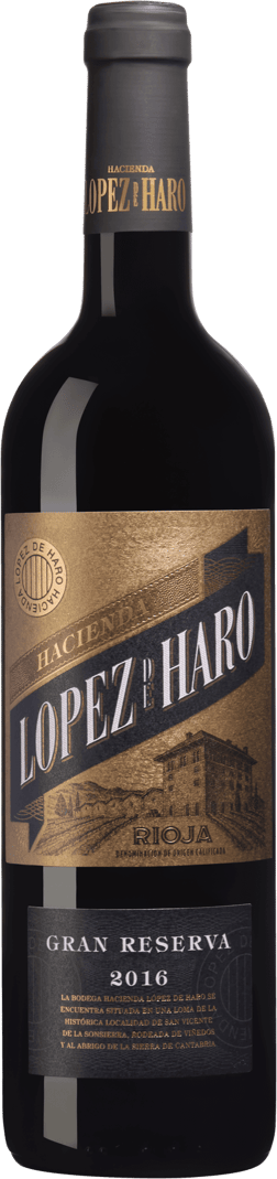 En glasflaska med Hacienda López de Haro Gran Reserva 2015, ett rött vin från Rioja i Spanien