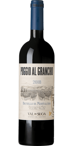 En glasflaska med Poggio Al Granchio Brunello Di Montalcino 2018, ett rött vin från Toscana i Italien