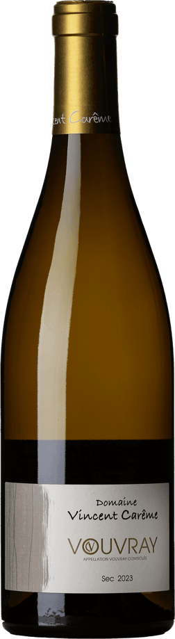En glasflaska med Domaine Vincent Carême Vouvray Sec 2023, ett vitt vin från Loiredalen i Frankrike