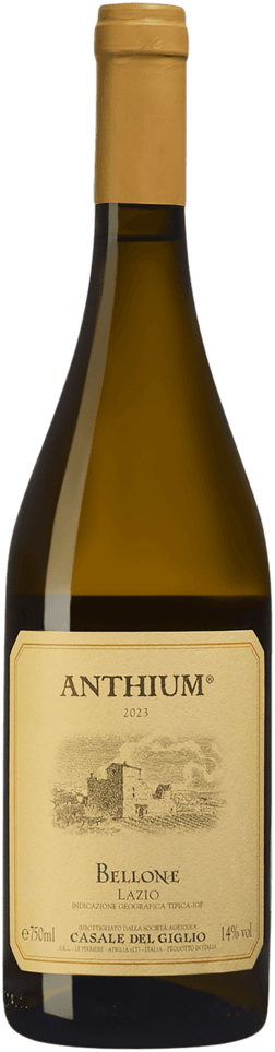 En glasflaska med Casale del Giglio Bellone Anthium 2023, ett vitt vin från Latium i Italien