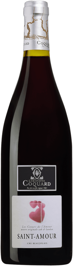 En glasflaska med Christophe Coquard Les Coeurs de l'Amour 2023, ett rött vin från Bourgogne i Frankrike