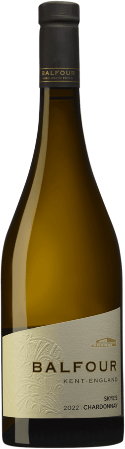 En glasflaska med Balfour Skye's Chardonnay 2022, ett vitt vin från England i Storbritannien
