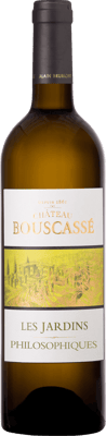 En glasflaska med Chateau Bouscassé Les Jardins Philosophiques, ett vitt vin från Frankrike sydväst i Frankrike