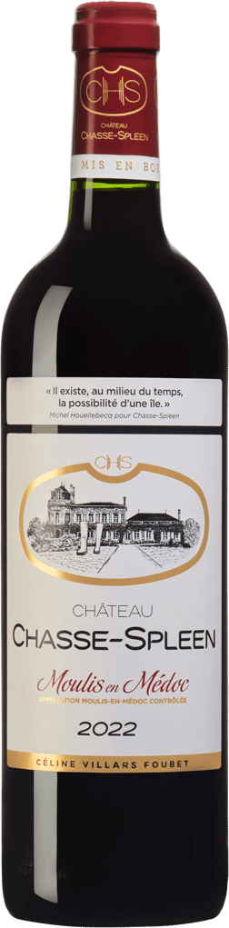 En glasflaska med Château Chasse-Spleen 2022, ett rött vin från Bordeaux i Frankrike