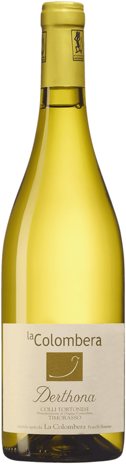 En lättare glasflaska med La Colombera Derthona 2023, ett vitt vin från Piemonte i Italien
