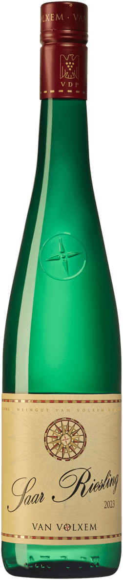 En glasflaska med Van Volxem Saar Riesling 2022, ett vitt vin från Mosel i Tyskland