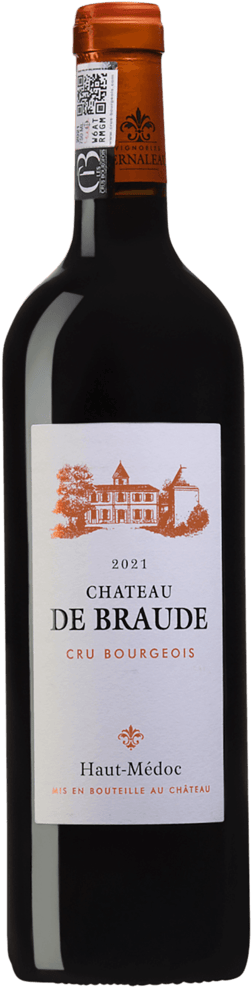 En glasflaska med Château de Braude Haut Médoc Cru Bourgeois 2021, ett rött vin från Bordeaux i Frankrike
