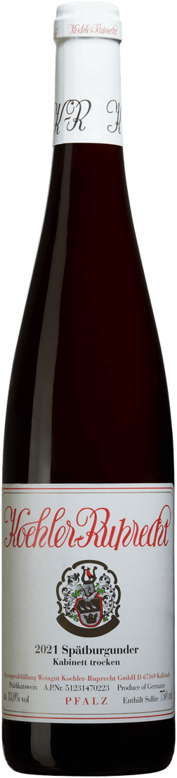 En lättare glasflaska med Koehler-Ruprecht Spätburgunder Kabinett Trocken 2021, ett rött vin från Pfalz i Tyskland