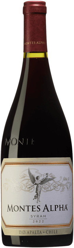 En glasflaska med Montes Alpha Syrah 2022, ett rött vin från Valle Central i Chile