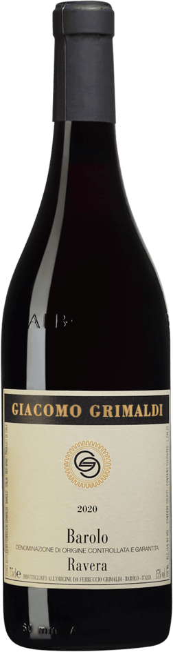 En glasflaska med Giacomo Grimaldi Barolo Ravera 2020, ett rött vin från Piemonte i Italien
