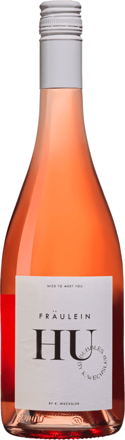 En glasflaska med Katharina Wechsler Fräulein Hu Rosé 2023, en mousserande från Rheinhessen i Tyskland