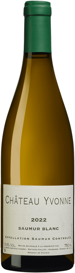 En glasflaska med Château Yvonne Blanc 2022, ett vitt vin från Loiredalen i Frankrike