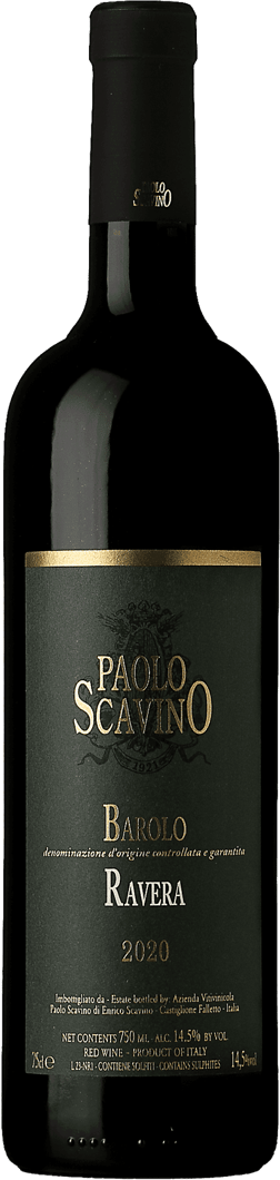 En glasflaska med Paolo Scavino Barolo Ravera 2020, ett rött vin från Piemonte i Italien