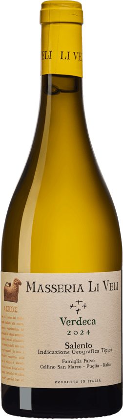 En glasflaska med Masseria Li Veli Askos Verdeca 2024, ett vitt vin från Apulien i Italien