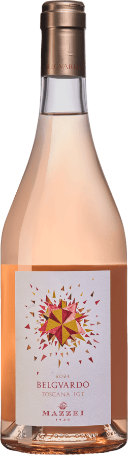 En glasflaska med Mazzei Belguardo Rosé 2024, en rosévin från Toscana i Italien