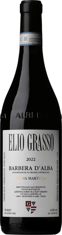 En glasflaska med Elio Grasso Barbera d'Alba Vigna Martina 2022, ett rött vin från Piemonte i Italien