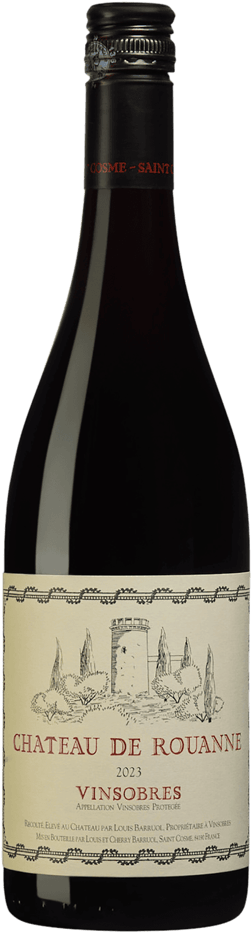 En lättare glasflaska med Château de Rouanne Vinsobres 2023, ett rött vin från Rhonedalen i Frankrike