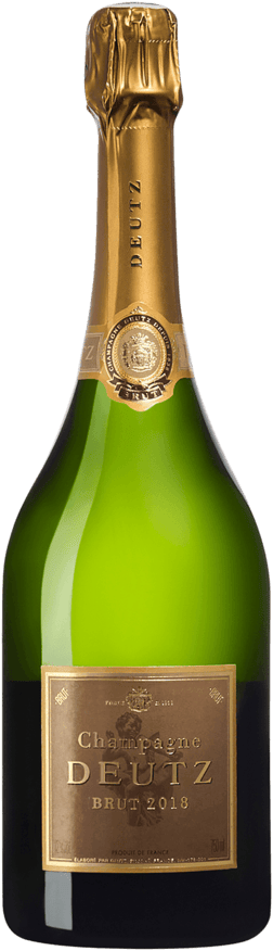 En glasflaska med Deutz Brut Millésimé 2018, ett champagne från Champagne i Frankrike