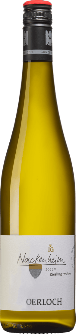 En lättare glasflaska med Gunderloch Nackenheim Riesling Erste Lage 2022, ett vitt vin från Rheinhessen i Tyskland