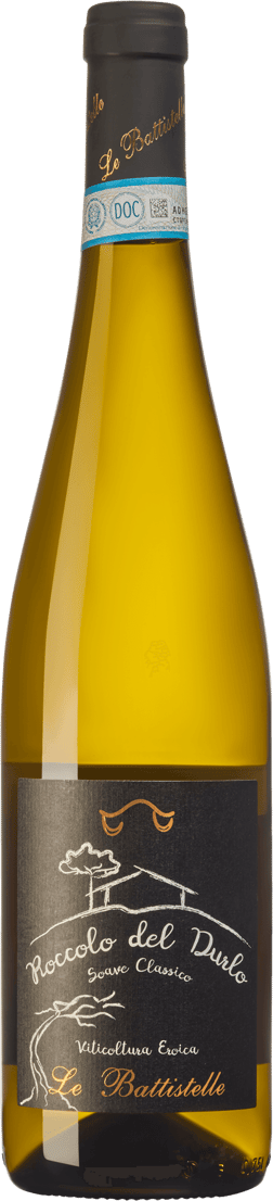 En lättare glasflaska med Le Battistelle Roccolo del Durlo Soave Classico 2023, ett vitt vin från Venetien i Italien