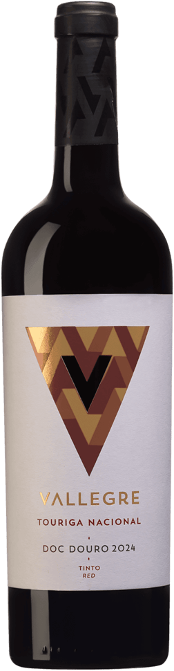 En glasflaska med Vallegre Touriga Nacional 2024, ett rött vin från Douro i Portugal