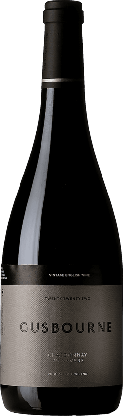 En lättare glasflaska med Gusbourne Guinevere Chardonnay 2022, ett vitt vin från England i Storbritannien