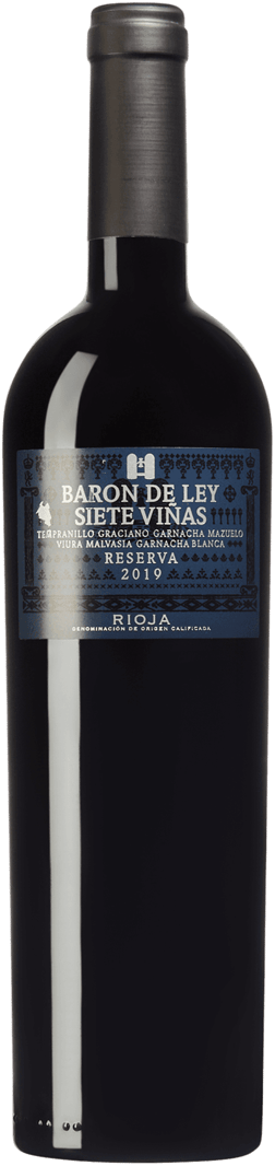 En glasflaska med Baron de Ley Siete Viñas Reserva 2019, ett rött vin från Rioja i Spanien