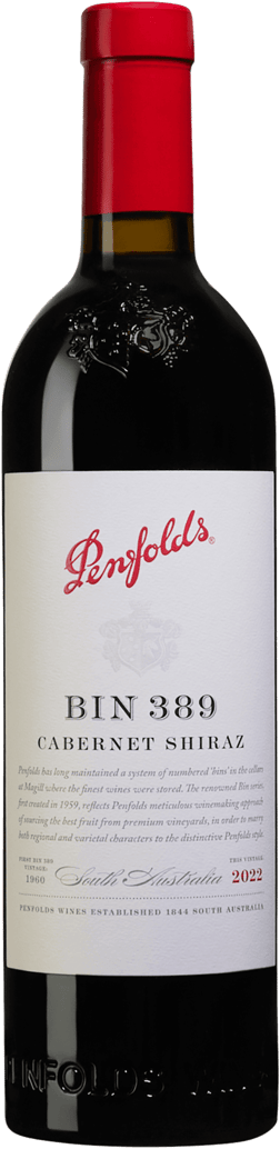 En glasflaska med Penfolds Bin 389 Cabernet Shiraz 2022, ett rött vin från South Australia i Australien