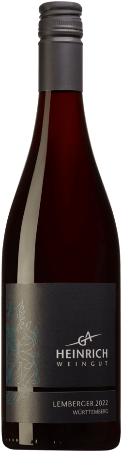 En lättare glasflaska med Weingut G.A. Heinrich Lemberger trocken 2022, ett rött vin från Württemberg i Tyskland
