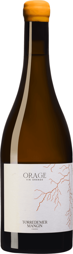 En glasflaska med Torredemer-Mangin Orage 2024, ett vitt vin från Frankrike