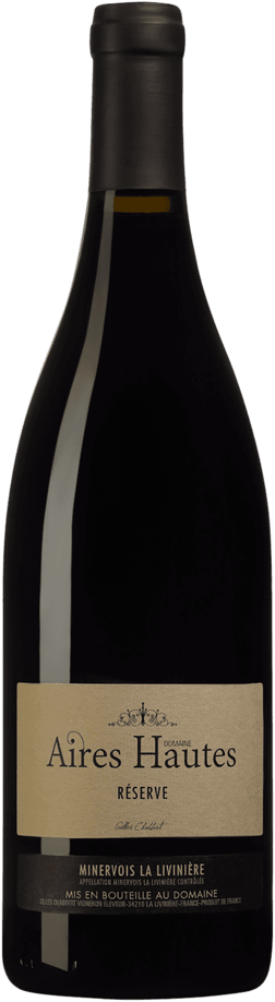 En glasflaska med Domaine des Aires Hautes Réserve 2021, ett rött vin från Languedoc-Roussillon i Frankrike