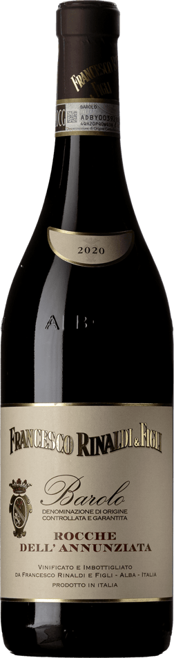 En glasflaska med Francesco Rinaldi & Figli Barolo Rocche dell'Annunziata 2020, ett rött vin från Piemonte i Italien