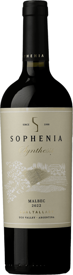 En glasflaska med Sophenia Synthesis Malbec 2022, ett rött vin från Cuyo i Argentina