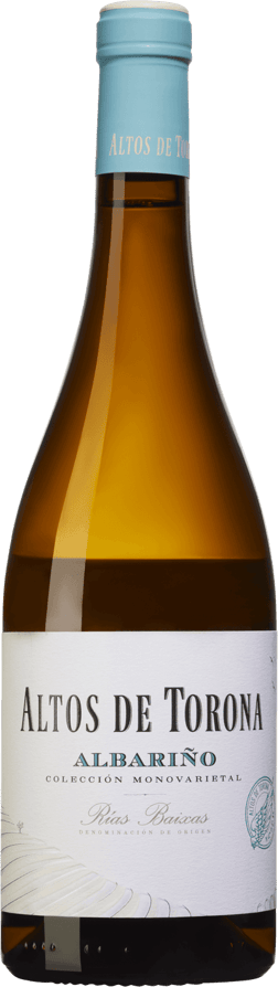 En glasflaska med Altos de Torona Albariño 2023, ett vitt vin från Galicien i Spanien