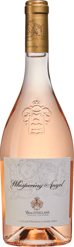 En glasflaska med Chateau D'Esclans Whispering Angel Côtes de Provence 2024, en rosévin från Provence i Frankrike